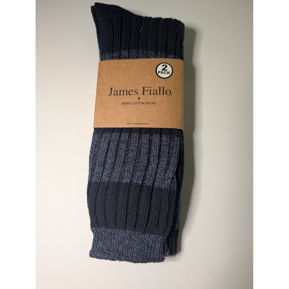 James Fiallo Mens Cotton Socks 2 Pack Blue Navy Striped Ribbed Crew Size 10-13